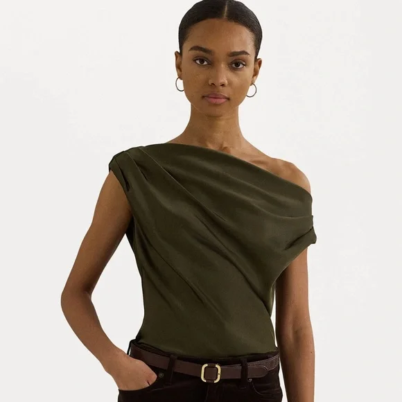 NWT Ralph Lauren Satin Charmeuse Off-the-Shoulder Blouse Botanic Green XSP - Picture 1 of 7